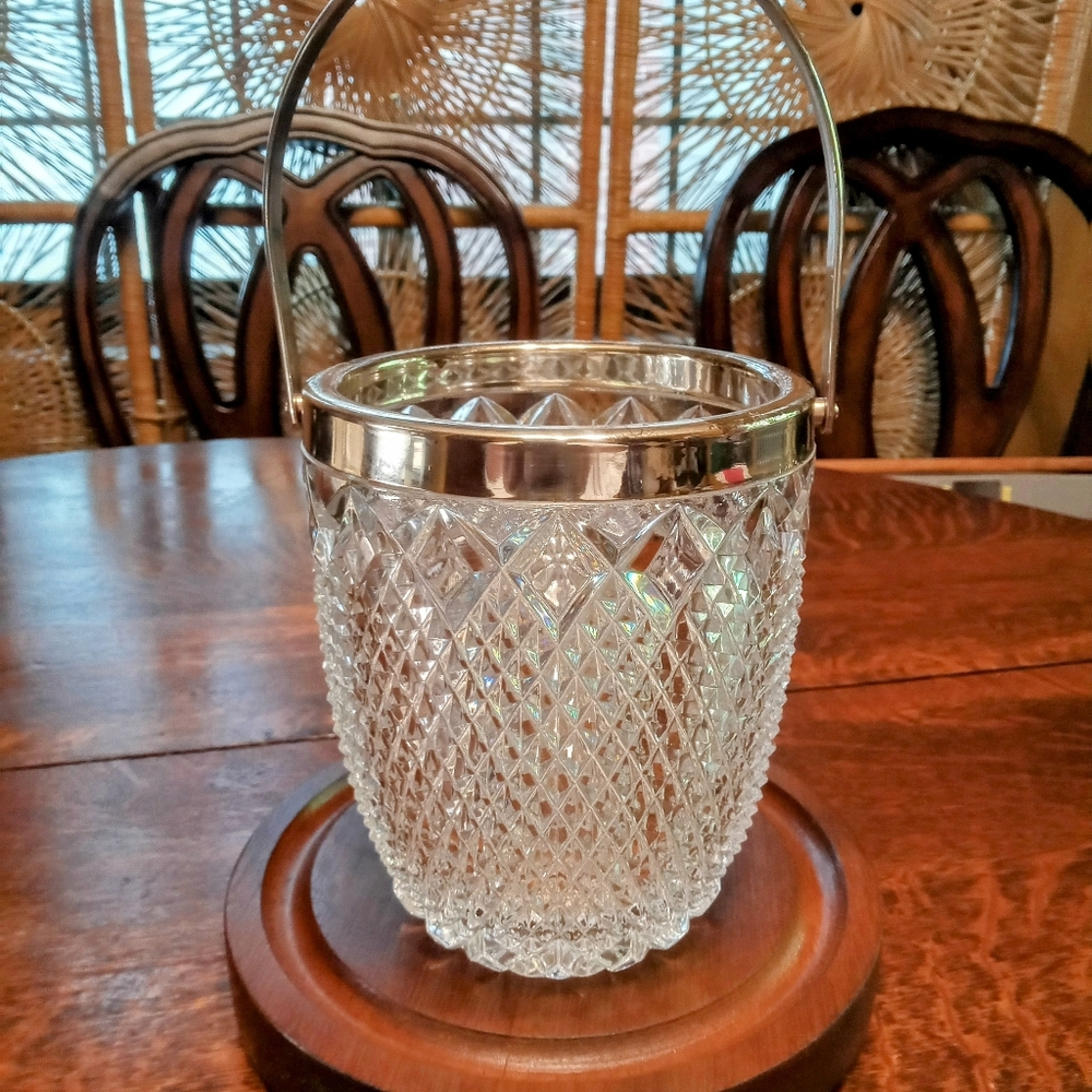 Diamond Point Silver Plated Ice Bucket Clear With Handle